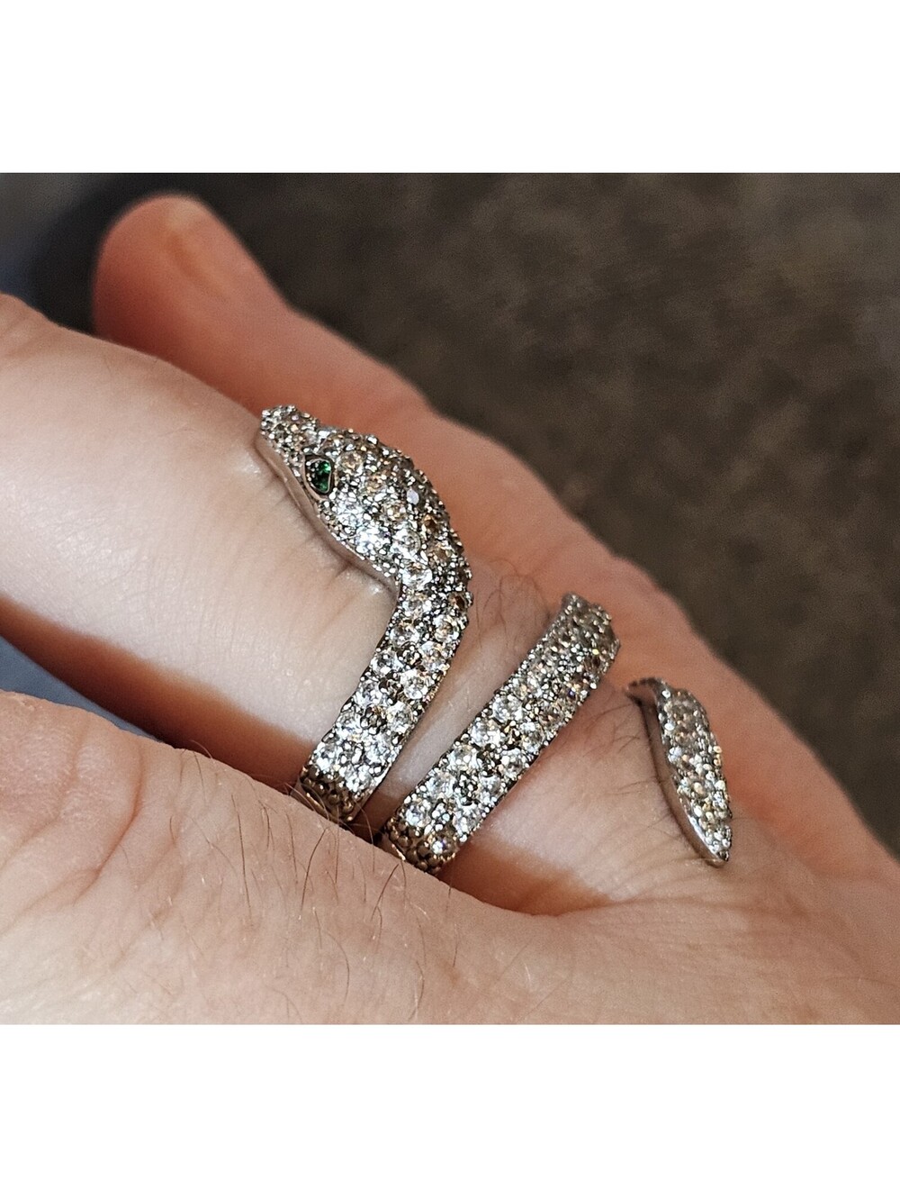 Adjustable Snake Ring Rhodium Plated Pave CZ Green Eyes Serpent Wrap Design